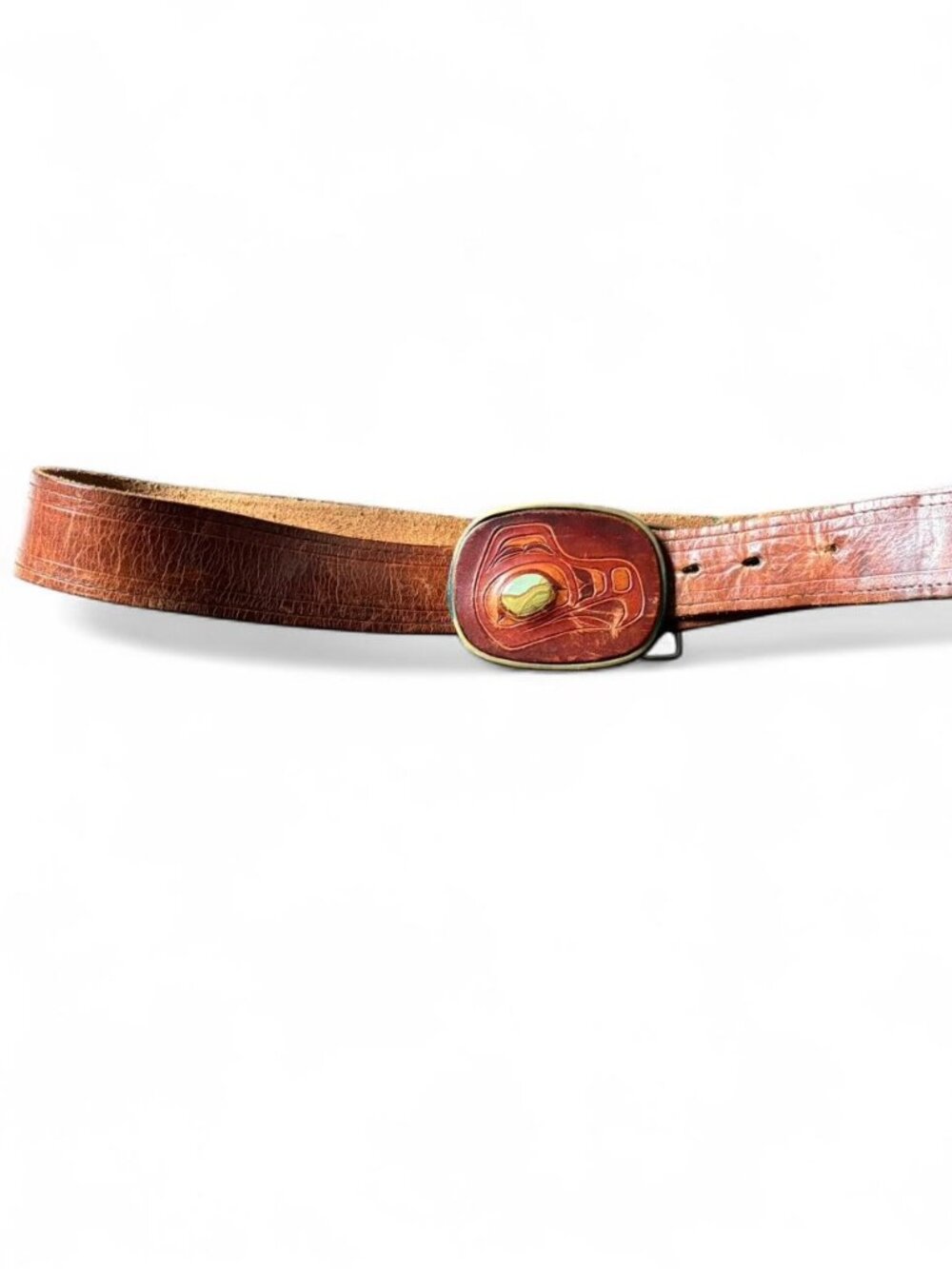 Vintage 70s brown leather belt with brass buckle featuring a brown and gold
